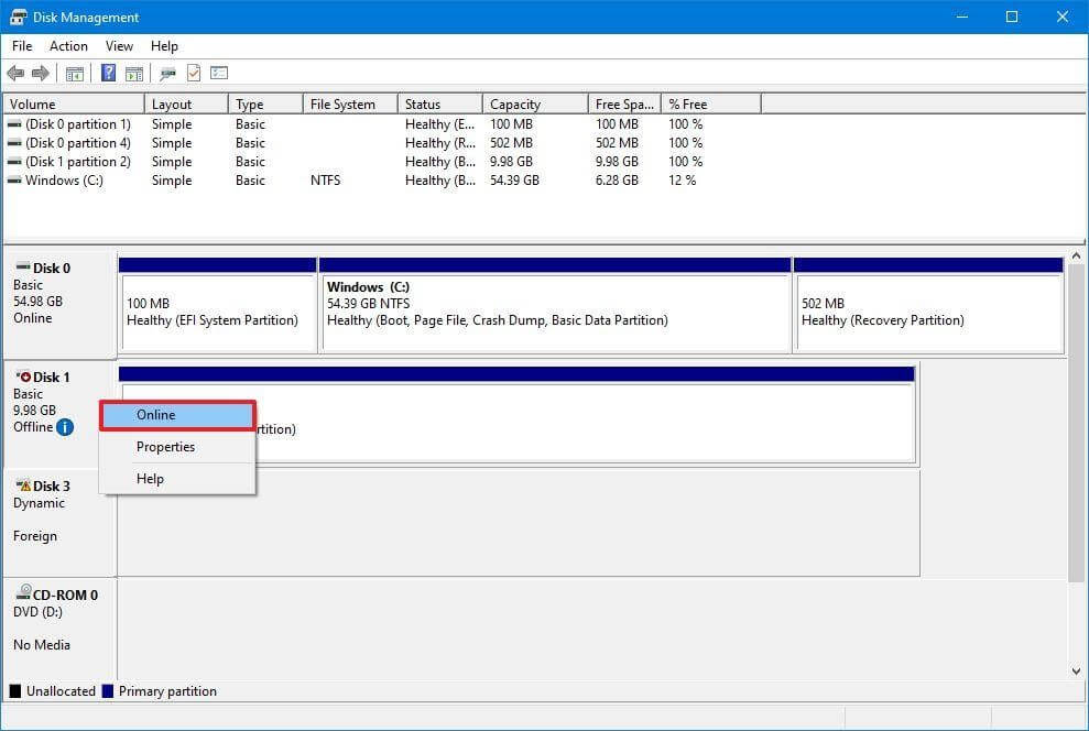 Disk Management - Online the disk