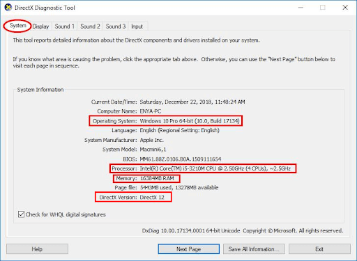 Directx Diagnostic tool window