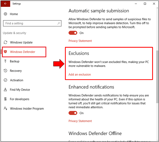 exclusion under windows defender setting