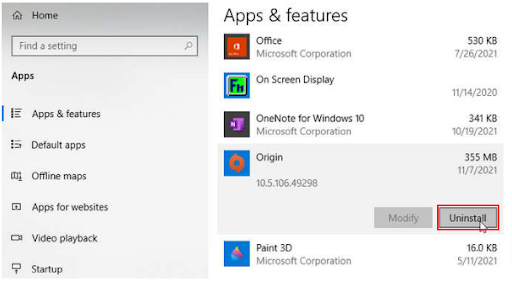 Origin and select the option to Uninstall