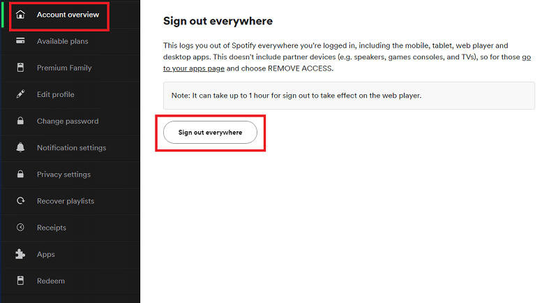 Spotify Account Overview - Sign out Everywhere